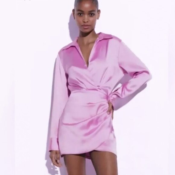 Zara Lapel Faux Wrap Satin Effect Draped Mini Shirt Dress Lavender Sz M - NWT - Picture 1 of 11